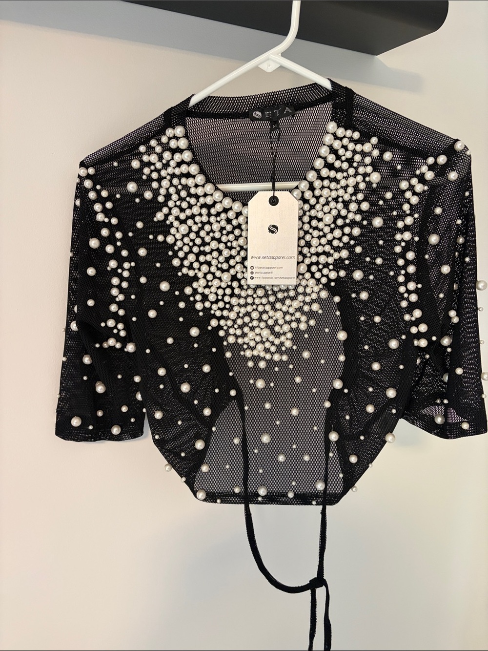 ETA Black Pearl-Embellished Mesh Crop Top